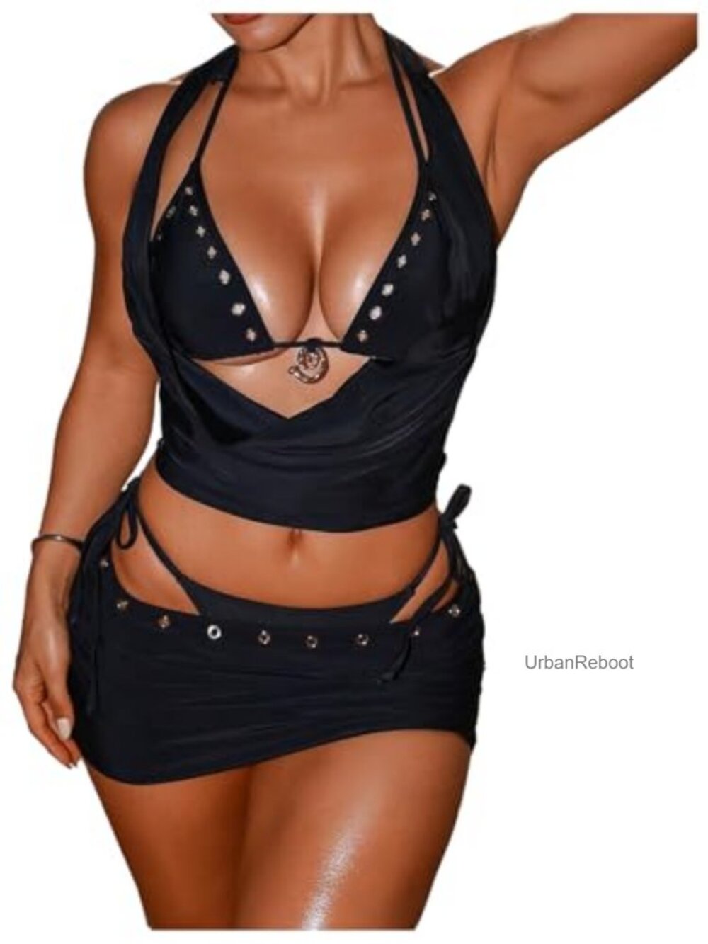 Women's 4 Piece Halter Triangle String Bikini Set with Cover Up Skirt